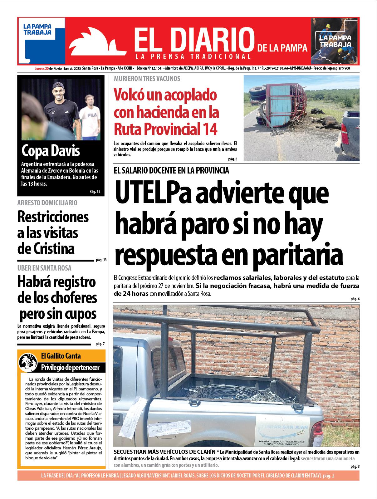 Tapa de El Diario en papel  jueves 20 de noviembre de 2025